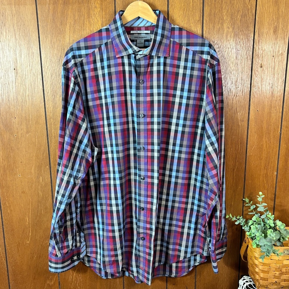 Johnston & Murphy Tailored Fit Plaid‎ Long Sleeve Button Down Shirt Men's Size L